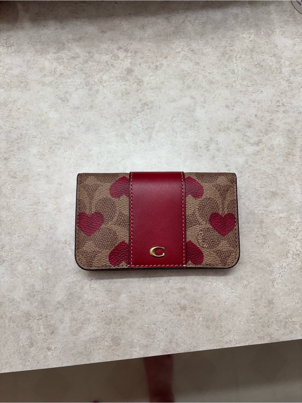 Coach Red and Brown Signature Heart Card Case